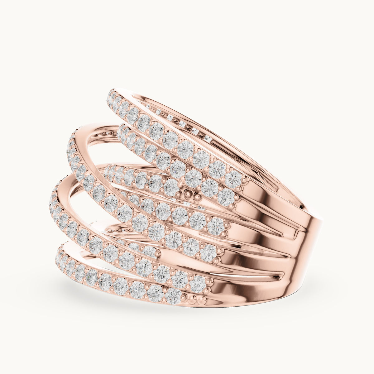 Round lab-grown diamond multi-row crossover pavé cocktail ring in rose gold, 1.634 CT TW, view 3