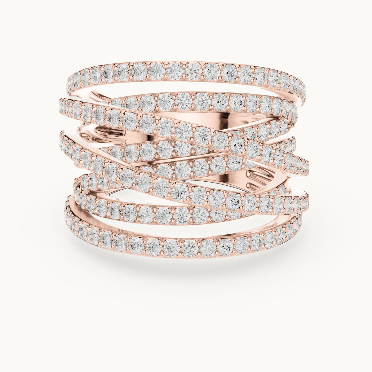 Round lab-grown diamond multi-row crossover pavé cocktail ring in rose gold, 1.634 CT TW, view 4