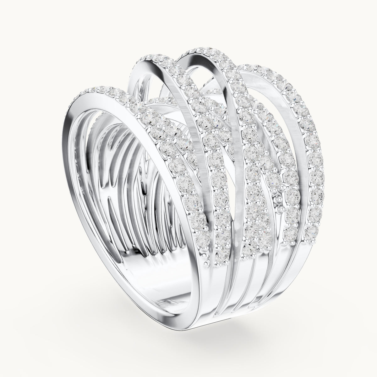 Round lab-grown diamond multi-row crossover pavé cocktail ring in white gold, 1.634 CT TW, view 1