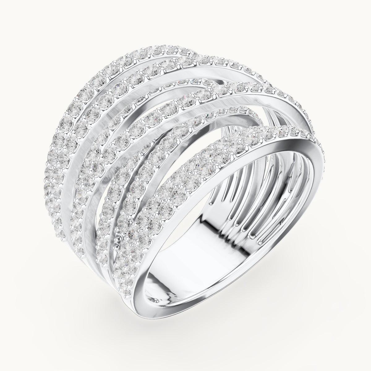 Round lab-grown diamond multi-row crossover pavé cocktail ring in white gold, 1.634 CT TW, view 2