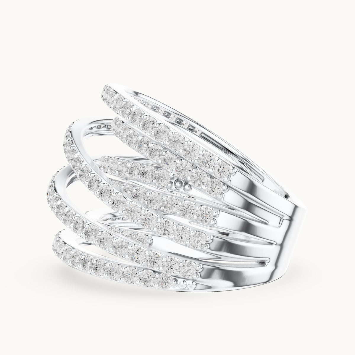 Round lab-grown diamond multi-row crossover pavé cocktail ring in white gold, 1.634 CT TW, view 3