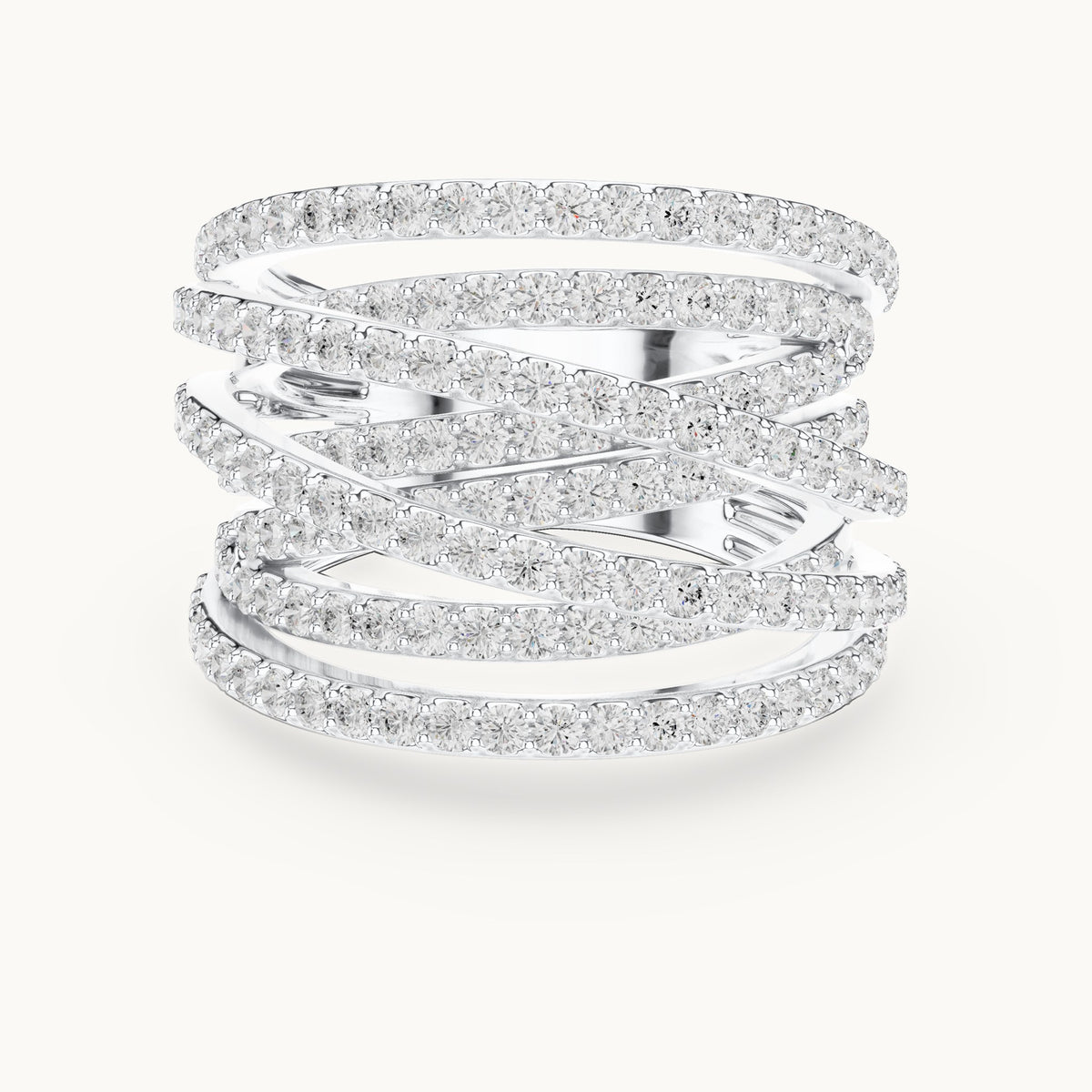 Round lab-grown diamond multi-row crossover pavé cocktail ring in white gold, 1.634 CT TW, view 4