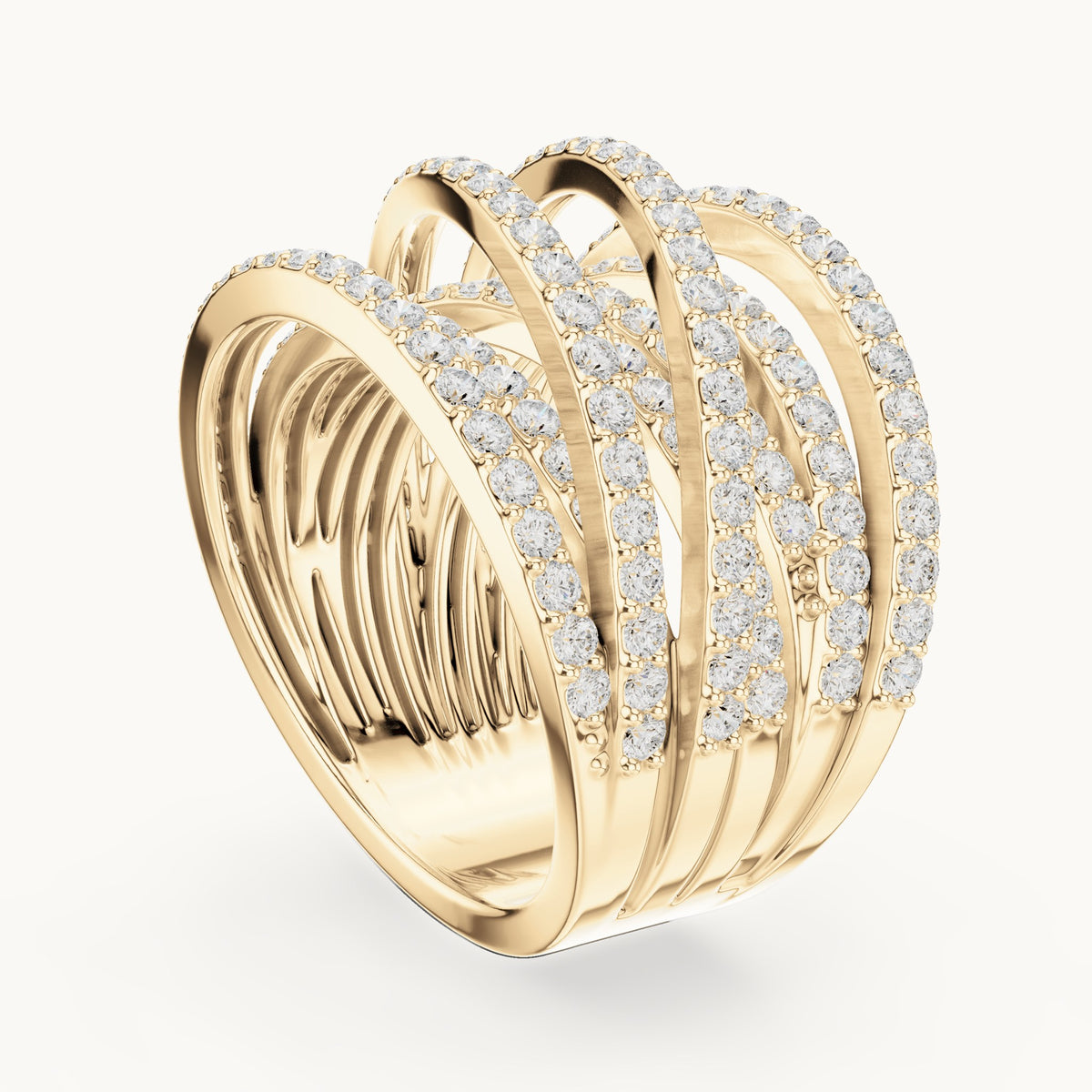 Round lab-grown diamond multi-row crossover pavé cocktail ring in yellow gold, 1.634 CT TW, view 1