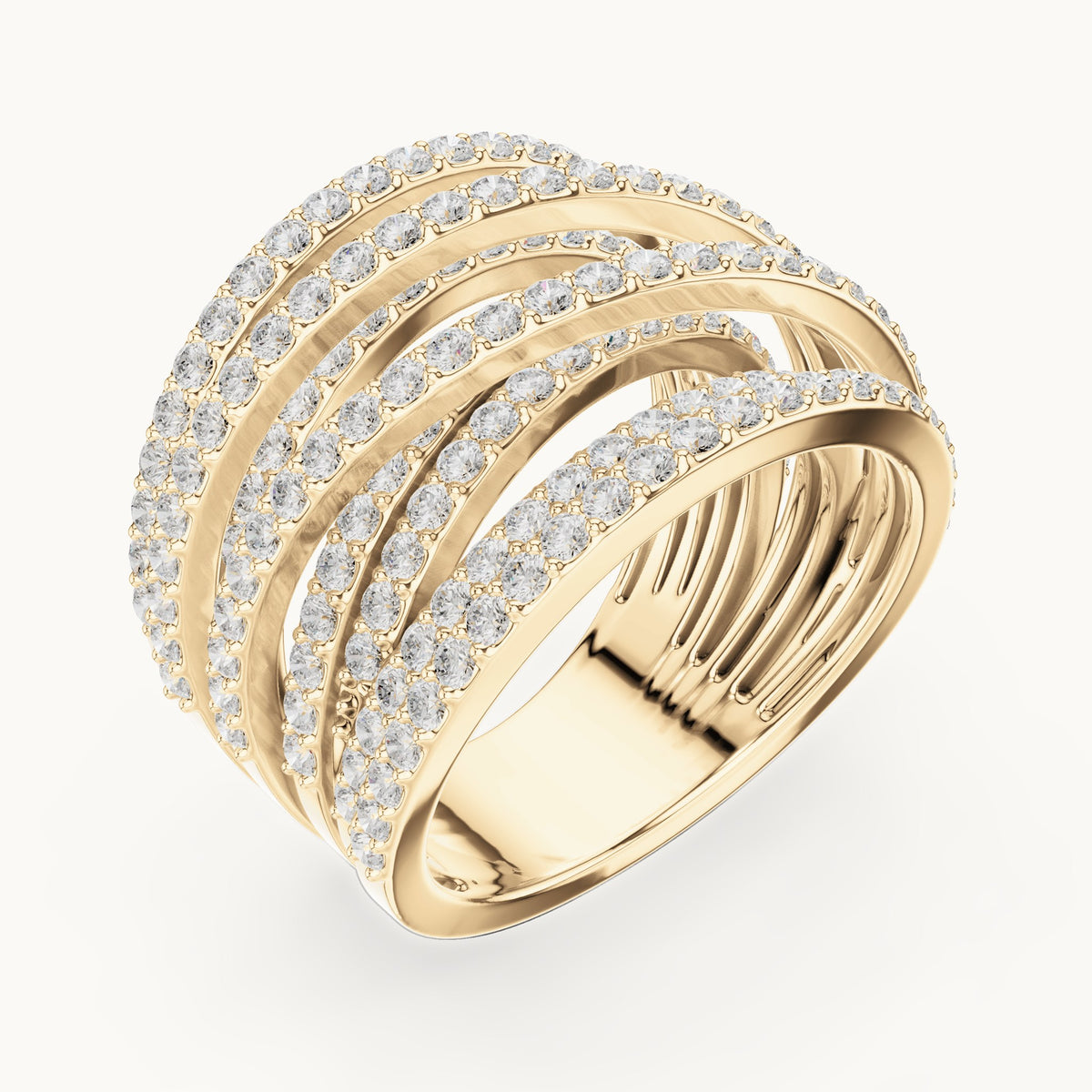 Round lab-grown diamond multi-row crossover pavé cocktail ring in yellow gold, 1.634 CT TW, view 2
