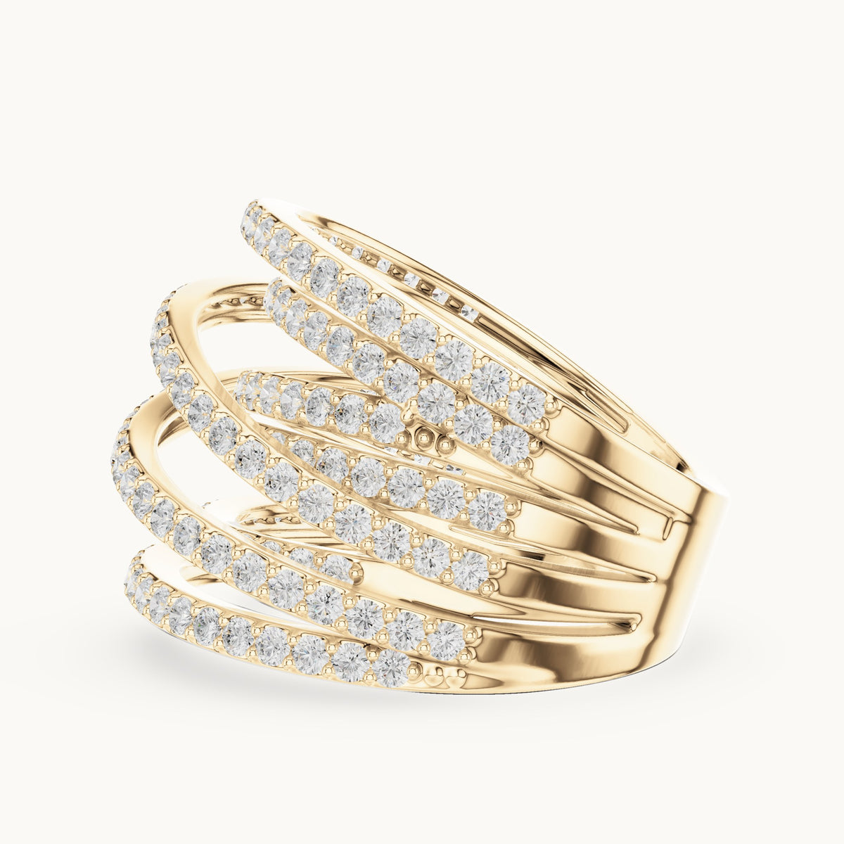 Round lab-grown diamond multi-row crossover pavé cocktail ring in yellow gold, 1.634 CT TW, view 3