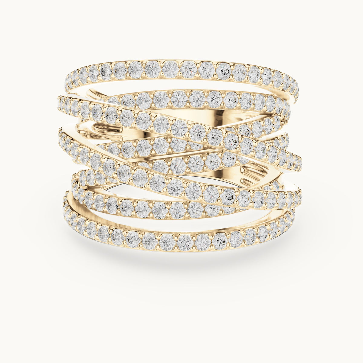 Round lab-grown diamond multi-row crossover pavé cocktail ring in yellow gold, 1.634 CT TW, view 4
