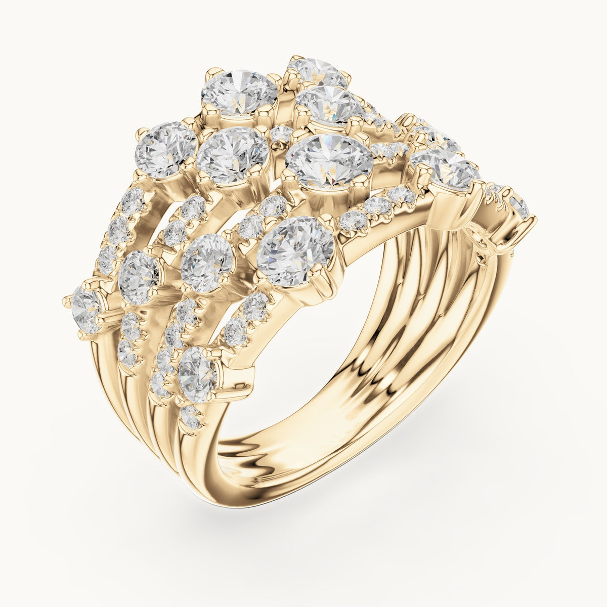 Round lab-grown diamond multi-row scatter cocktail ring in yellow gold, 1.972 CT TW, view 2