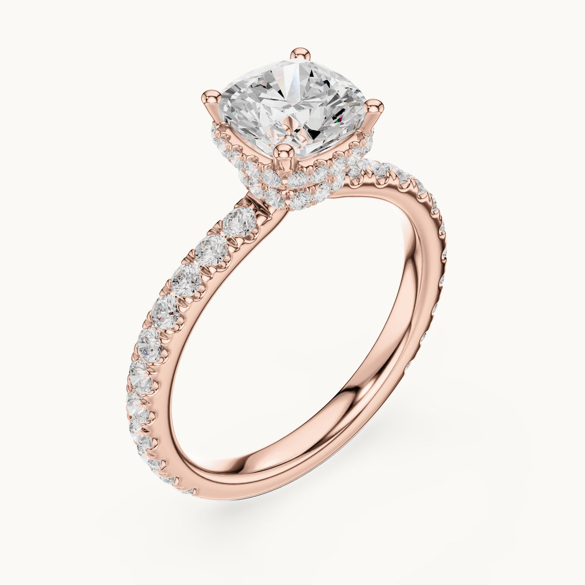 Cushion-cut and round lab-grown diamond hidden halo pavé engagement ring in rose gold, 2.14 CT TW, view 2