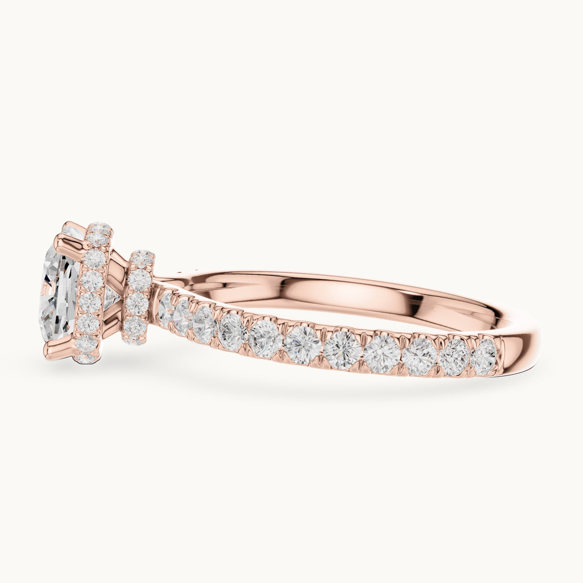 Cushion-cut and round lab-grown diamond hidden halo pavé engagement ring in rose gold, 2.14 CT TW, view 3