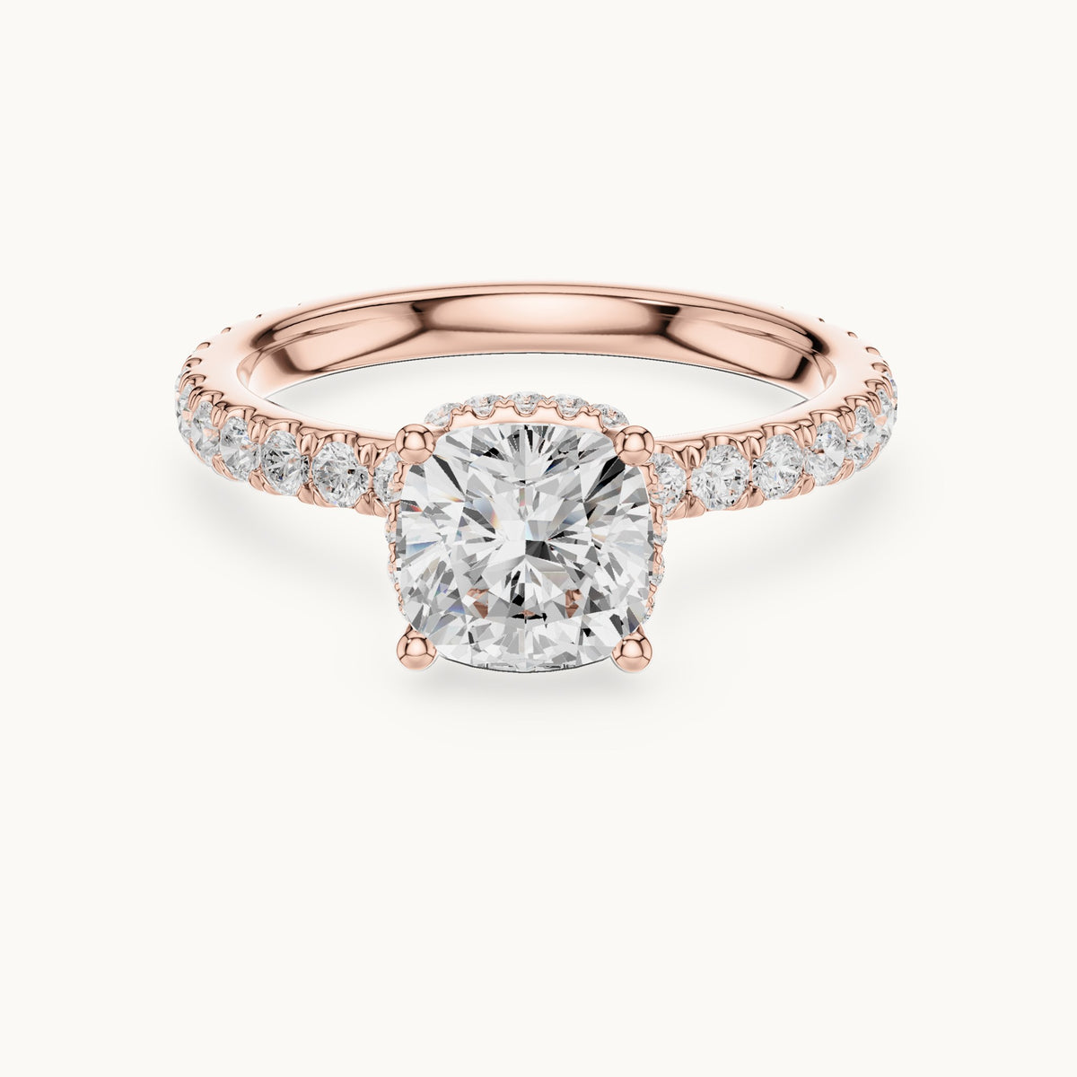 Cushion-cut and round lab-grown diamond hidden halo pavé engagement ring in rose gold, 2.14 CT TW, view 4
