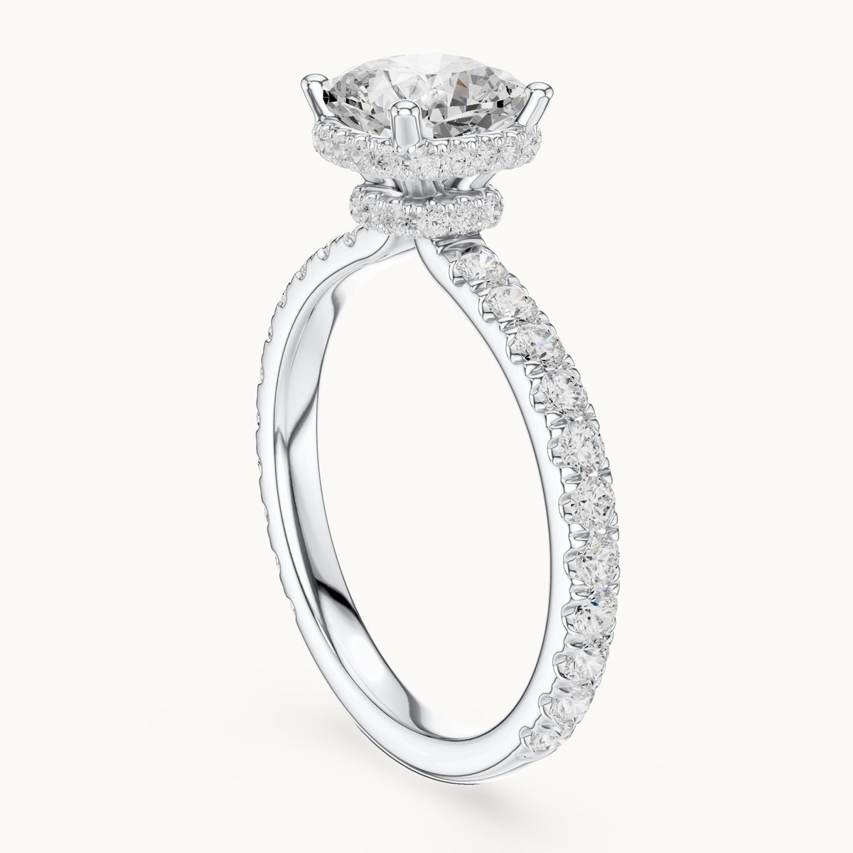 Cushion-cut and round lab-grown diamond hidden halo pavé engagement ring in white gold, 2.14 CT TW, view 1