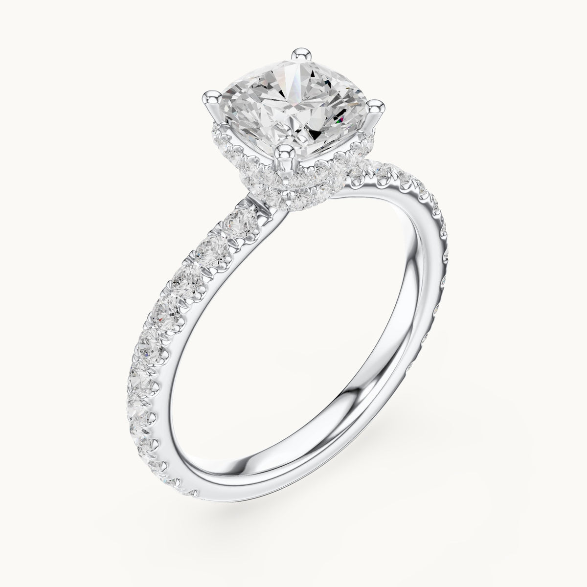 Cushion-cut and round lab-grown diamond hidden halo pavé engagement ring in white gold, 2.14 CT TW, view 2