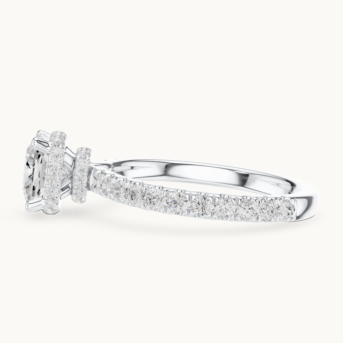 Cushion-cut and round lab-grown diamond hidden halo pavé engagement ring in white gold, 2.14 CT TW, view 3