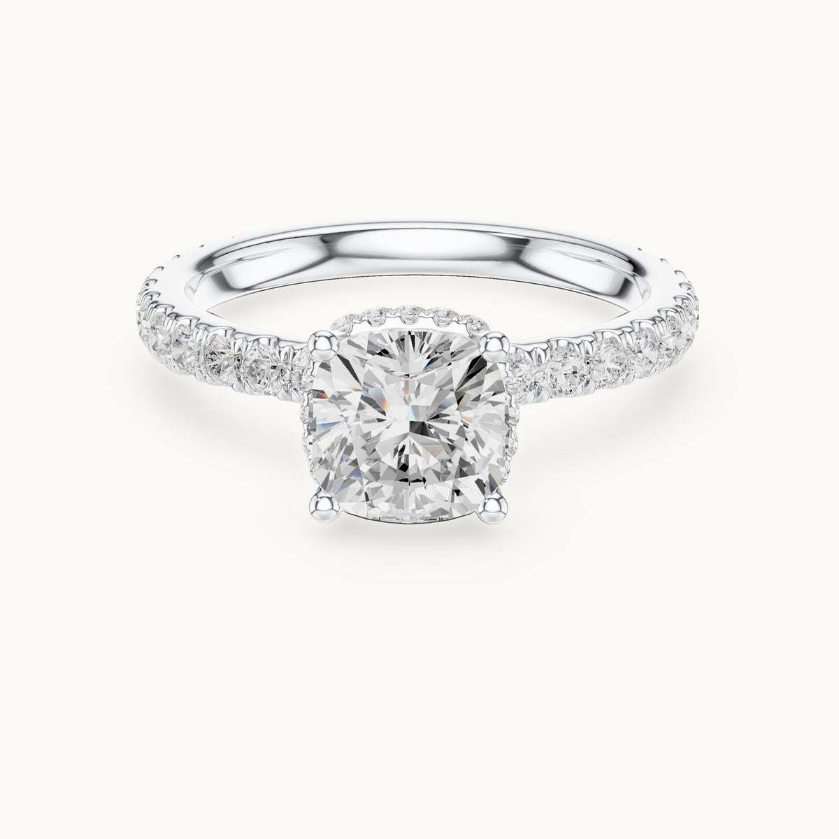 Cushion-cut and round lab-grown diamond hidden halo pavé engagement ring in white gold, 2.14 CT TW, view 4