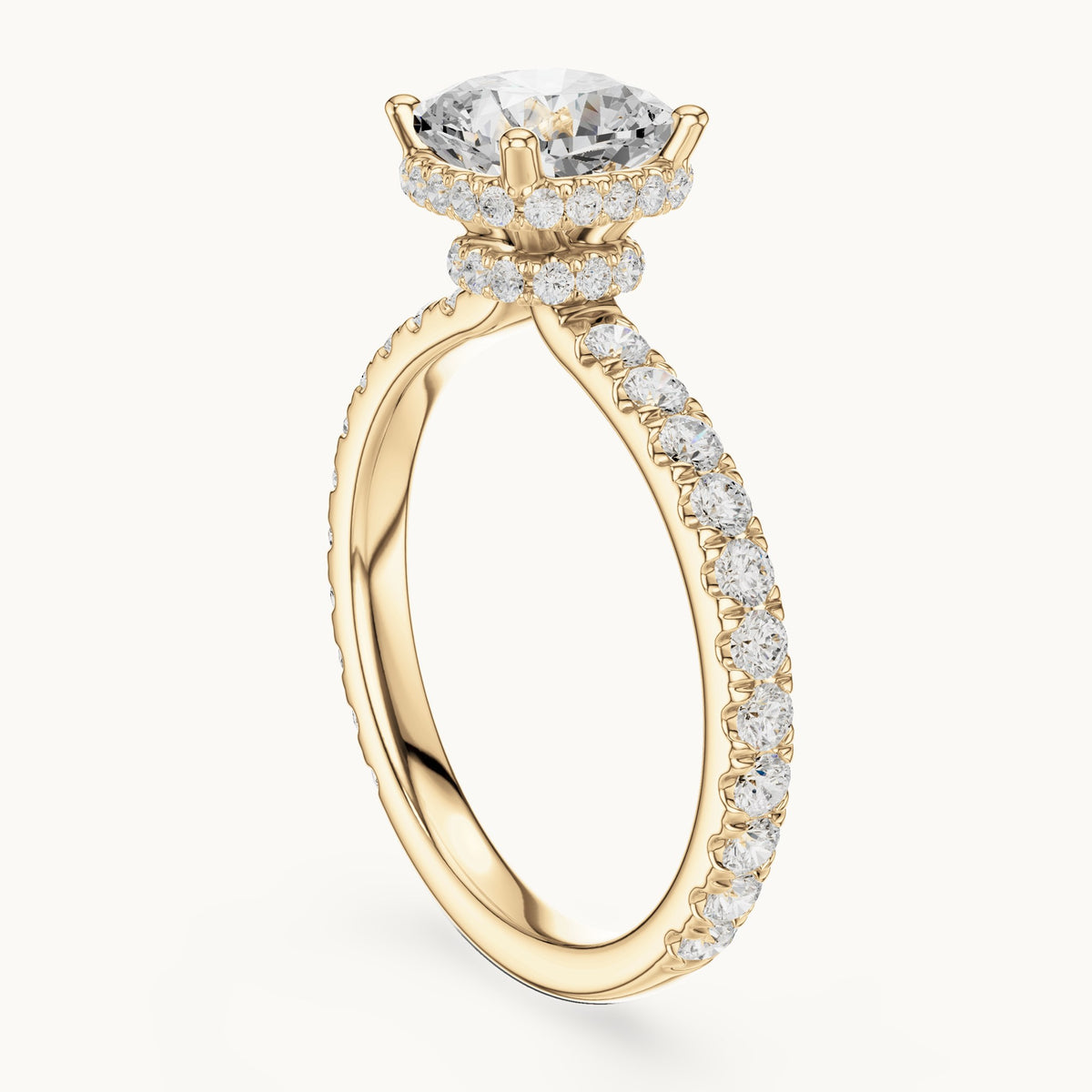 Cushion-cut and round lab-grown diamond hidden halo pavé engagement ring in yellow gold, 2.14 CT TW, view 1