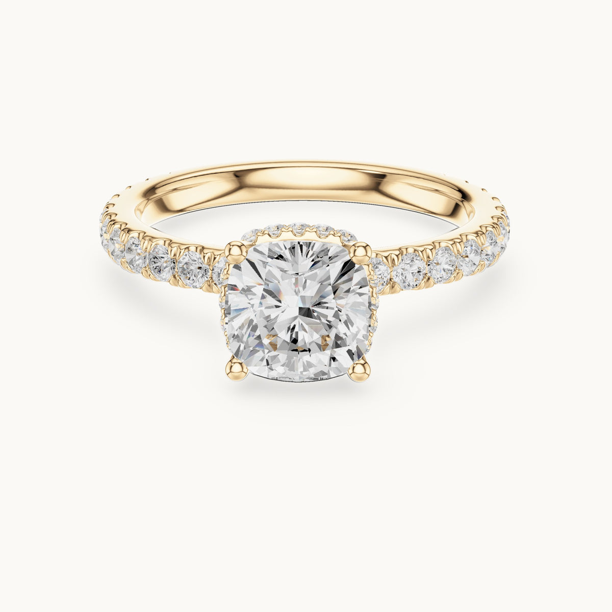 Cushion-cut and round lab-grown diamond hidden halo pavé engagement ring in yellow gold, 2.14 CT TW, view 4