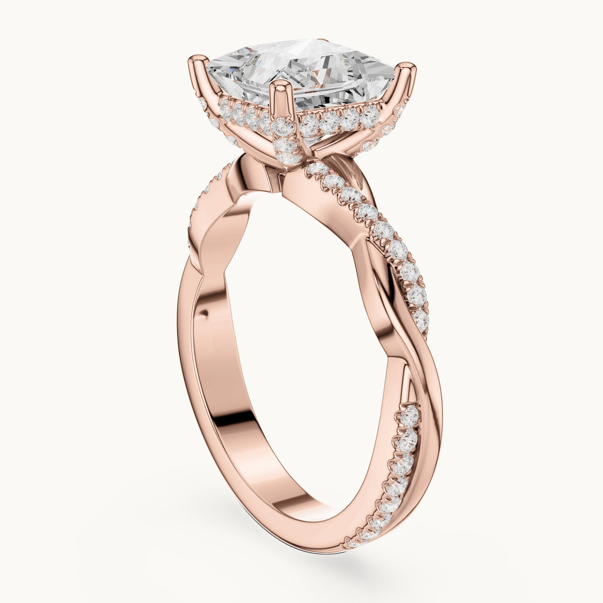 Princess-cut and round lab-grown diamond twisted pavé engagement ring in rose gold, 2.33 CT TW, view 1