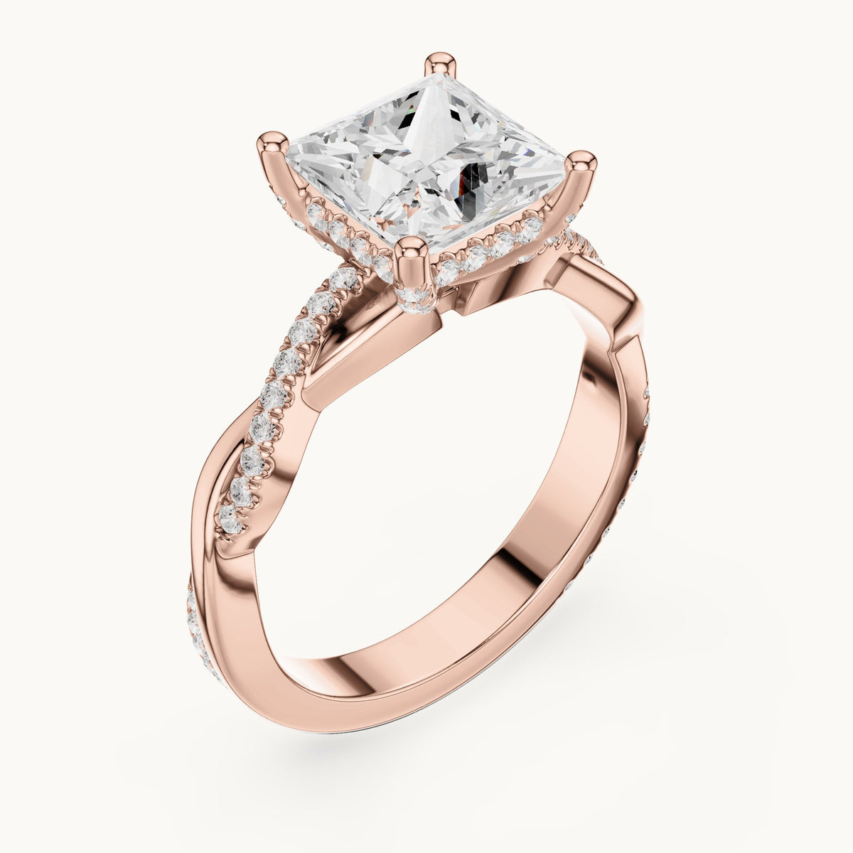 Princess-cut and round lab-grown diamond twisted pavé engagement ring in rose gold, 2.33 CT TW, view 2