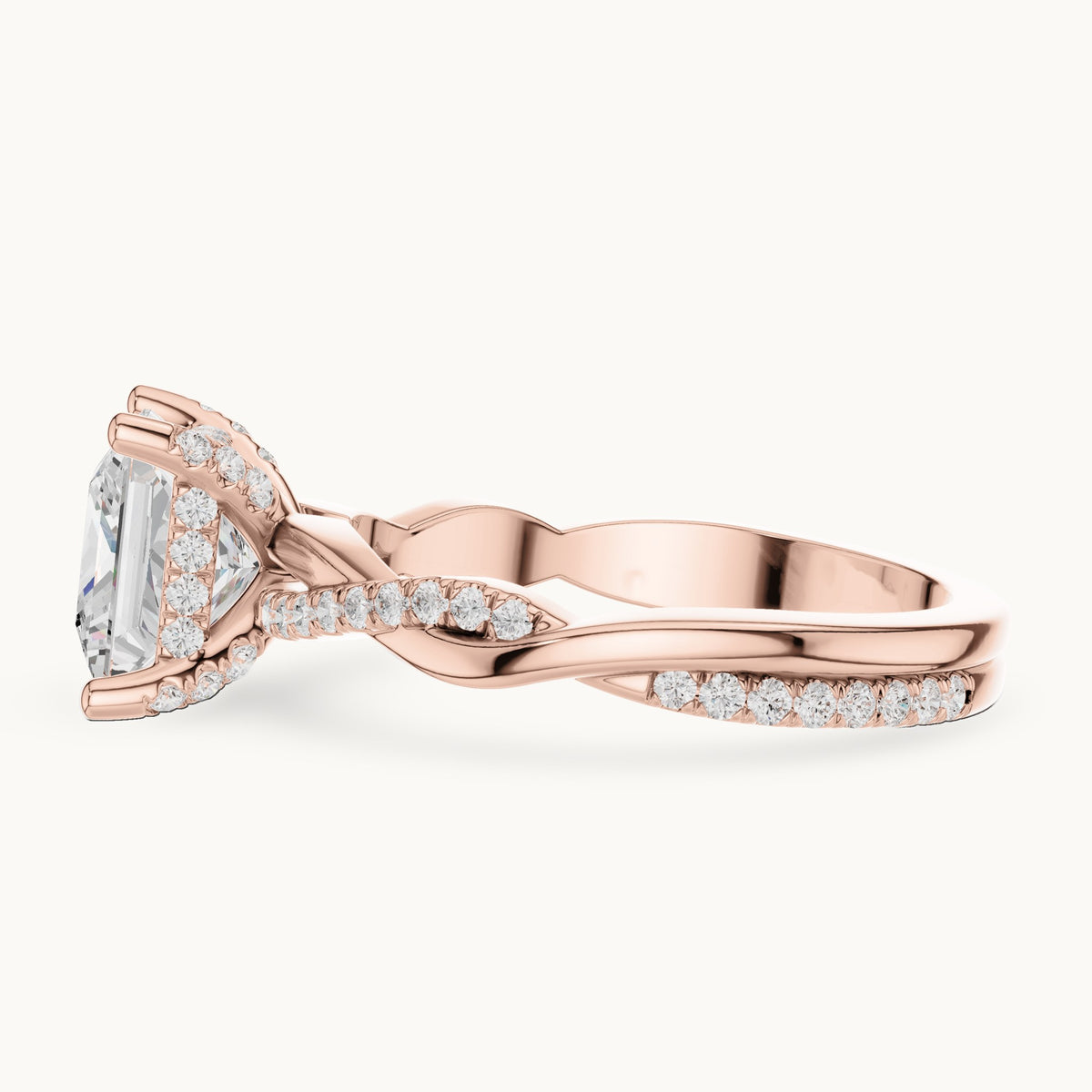 Princess-cut and round lab-grown diamond twisted pavé engagement ring in rose gold, 2.33 CT TW, view 3