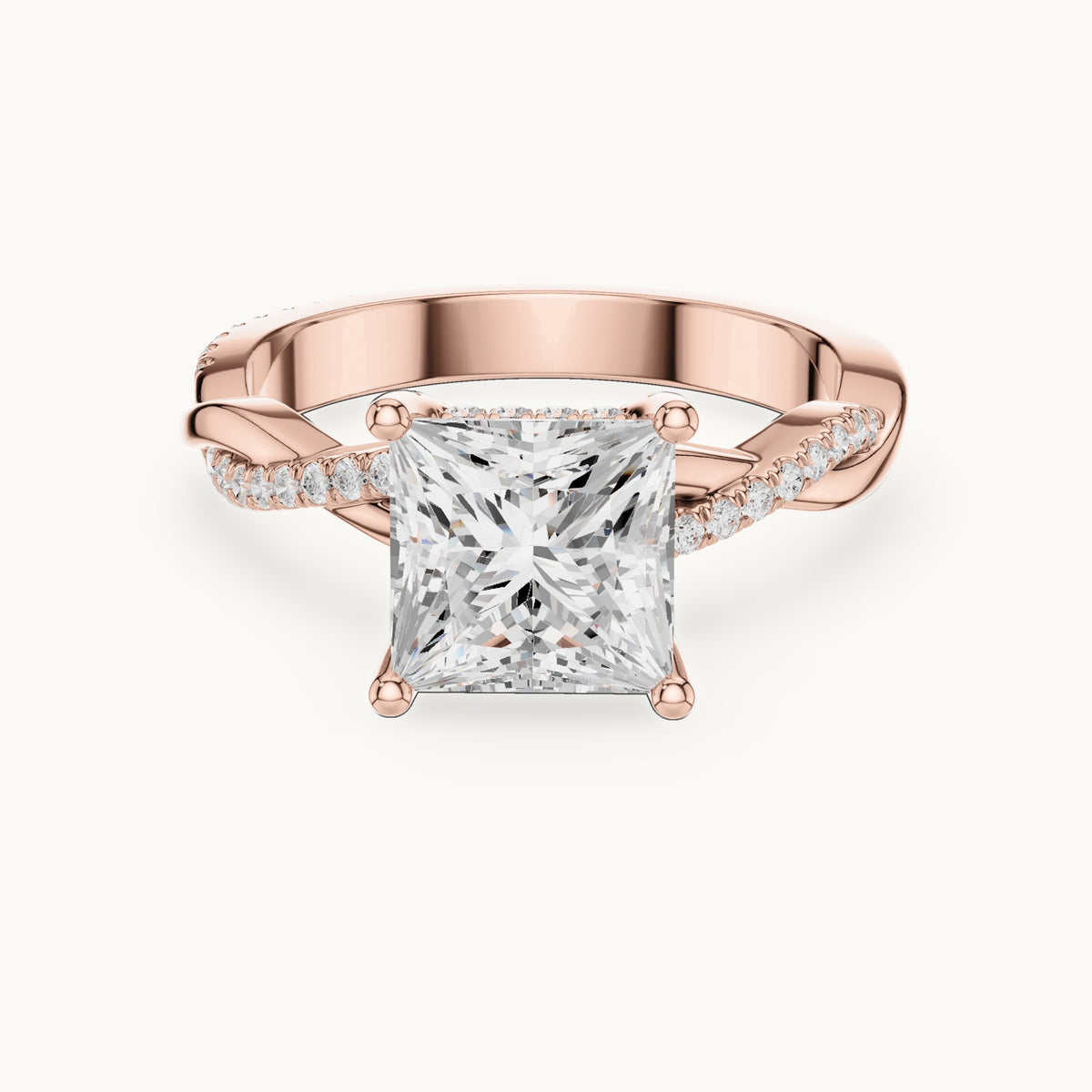 Princess-cut and round lab-grown diamond twisted pavé engagement ring in rose gold, 2.33 CT TW, view 4