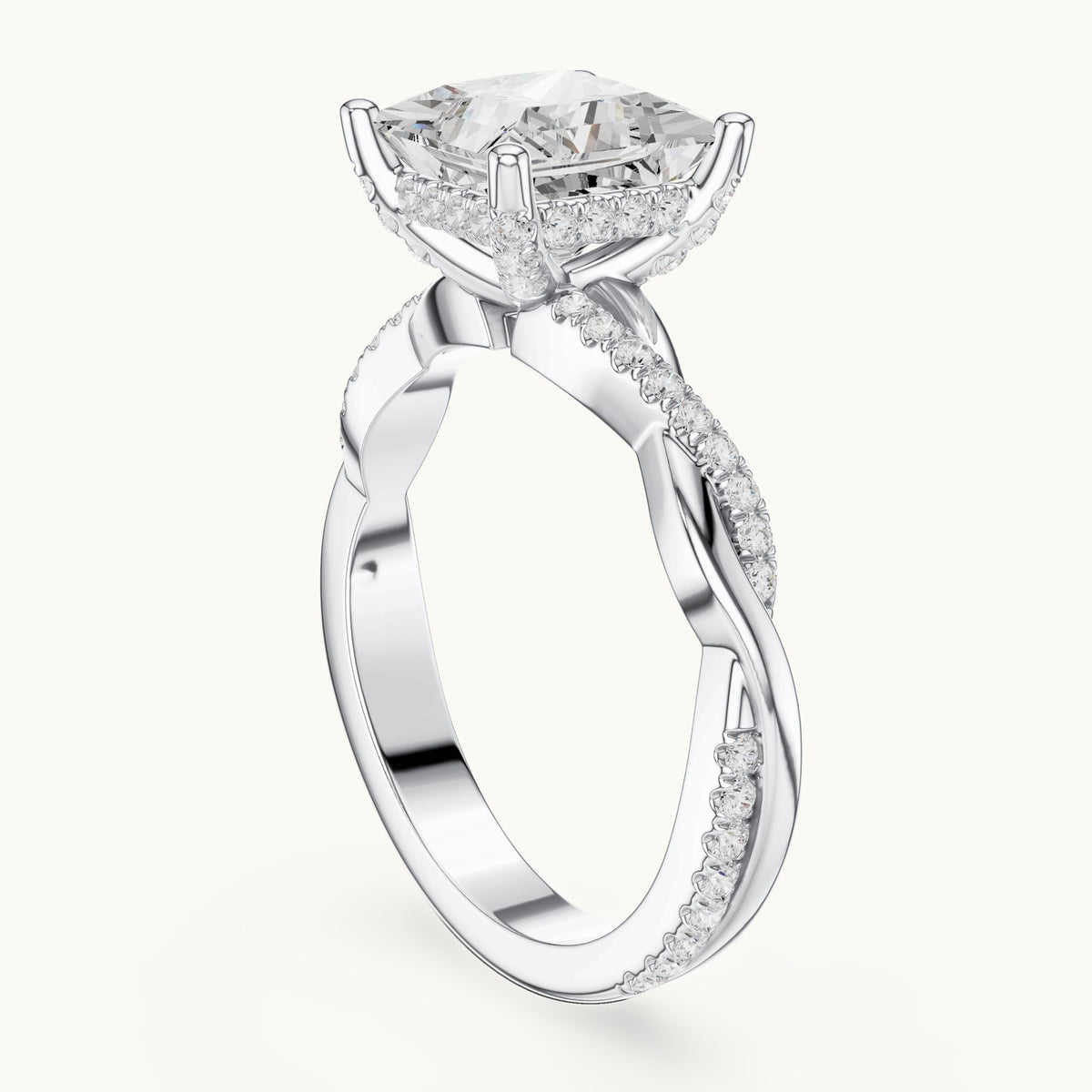 Princess-cut and round lab-grown diamond twisted pavé engagement ring in white gold, 2.33 CT TW, view 1