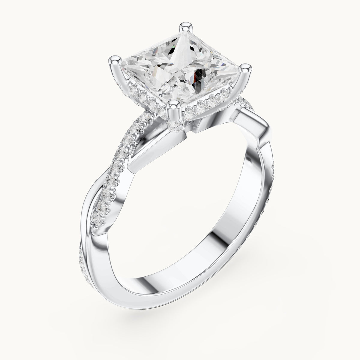 Princess-cut and round lab-grown diamond twisted pavé engagement ring in white gold, 2.33 CT TW, view 2