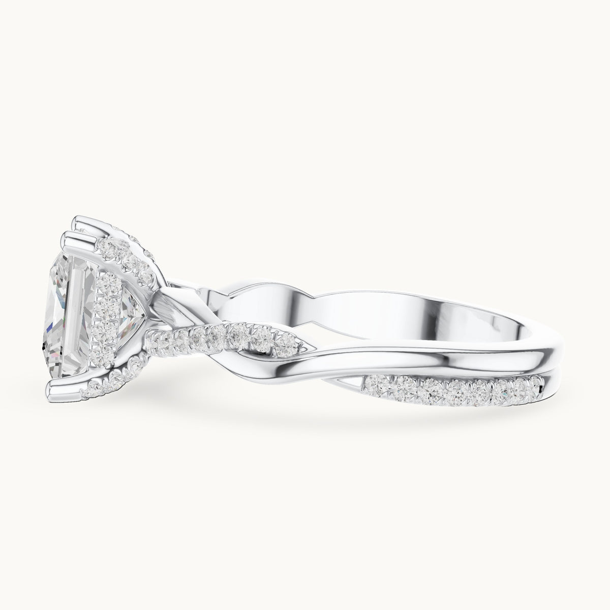 Princess-cut and round lab-grown diamond twisted pavé engagement ring in white gold, 2.33 CT TW, view 3