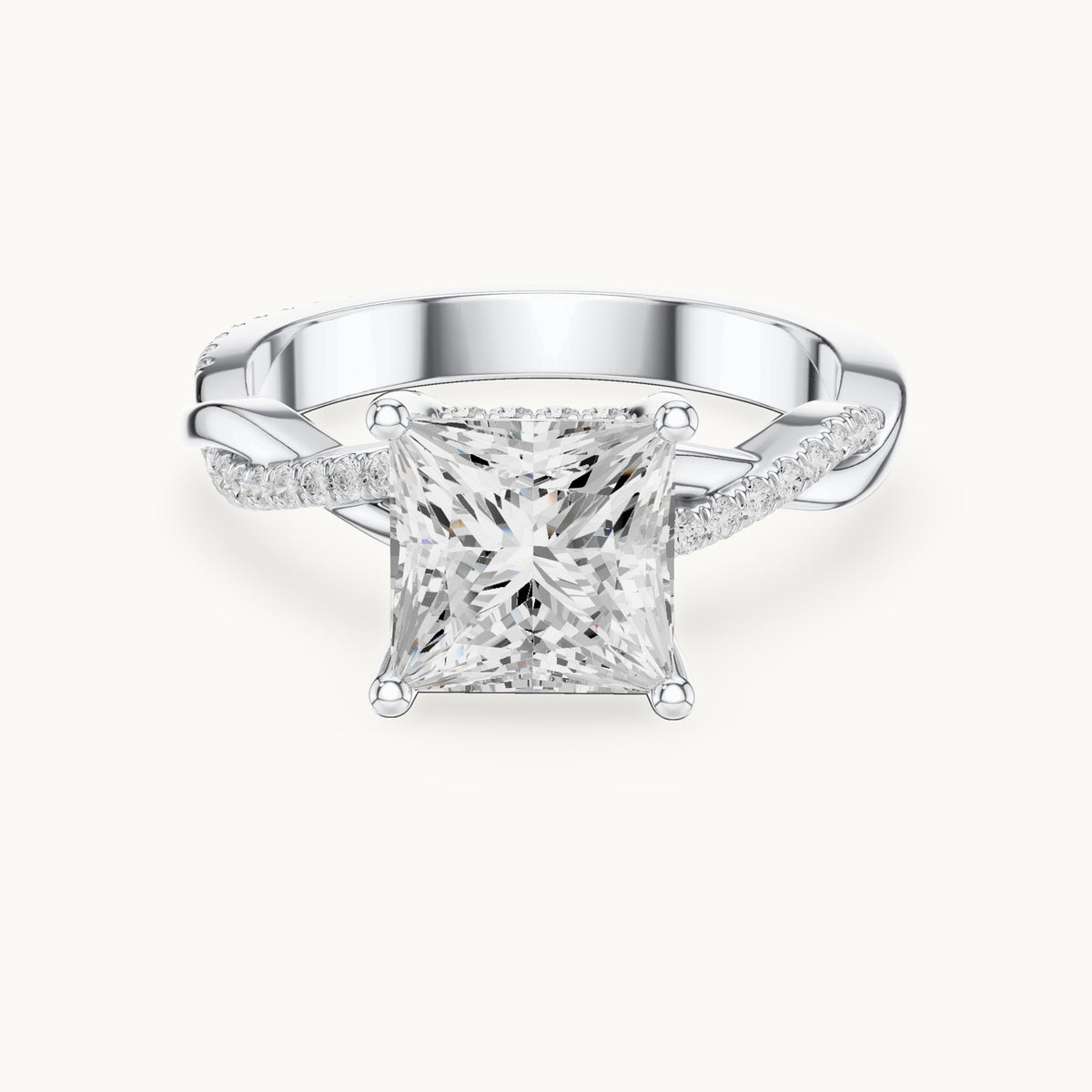 Princess-cut and round lab-grown diamond twisted pavé engagement ring in white gold, 2.33 CT TW, view 4