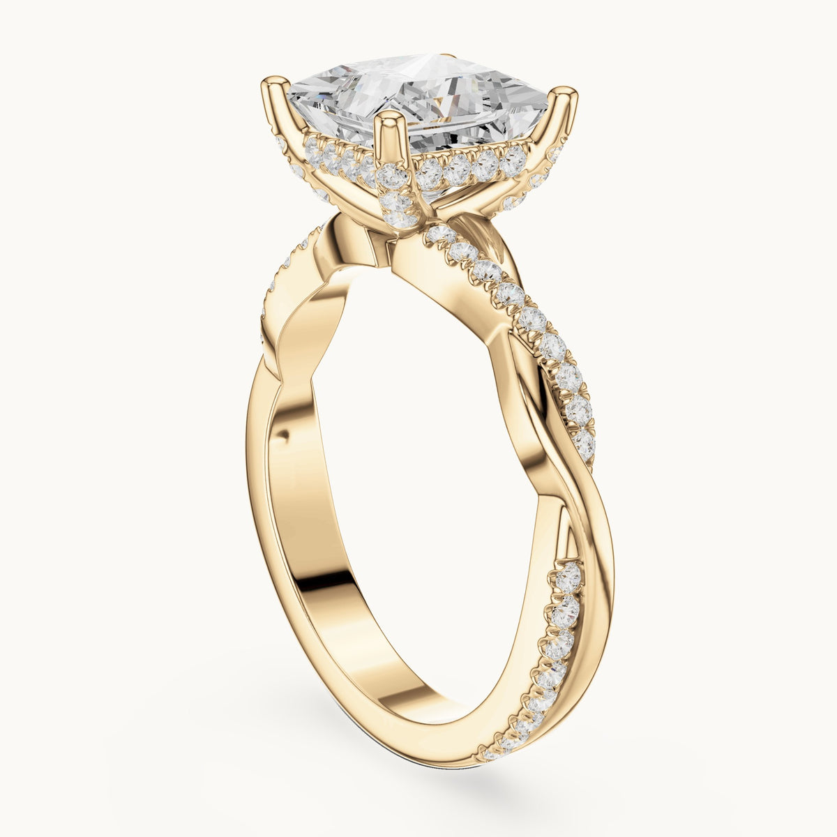 Princess-cut and round lab-grown diamond twisted pavé engagement ring in yellow gold, 2.33 CT TW, view 1