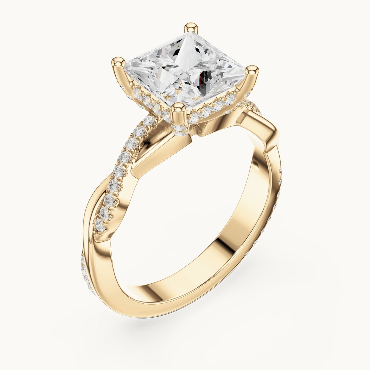 Princess-cut and round lab-grown diamond twisted pavé engagement ring in yellow gold, 2.33 CT TW, view 2