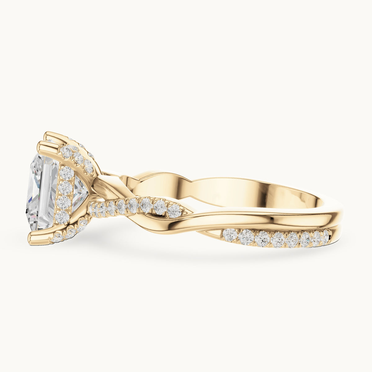 Princess-cut and round lab-grown diamond twisted pavé engagement ring in yellow gold, 2.33 CT TW, view 3