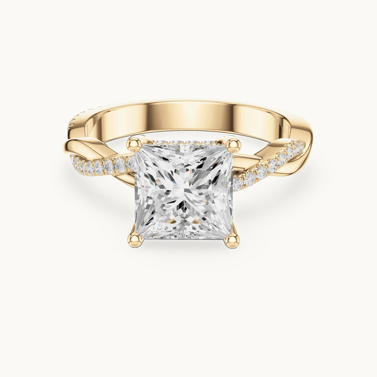 Princess-cut and round lab-grown diamond twisted pavé engagement ring in yellow gold, 2.33 CT TW, view 4