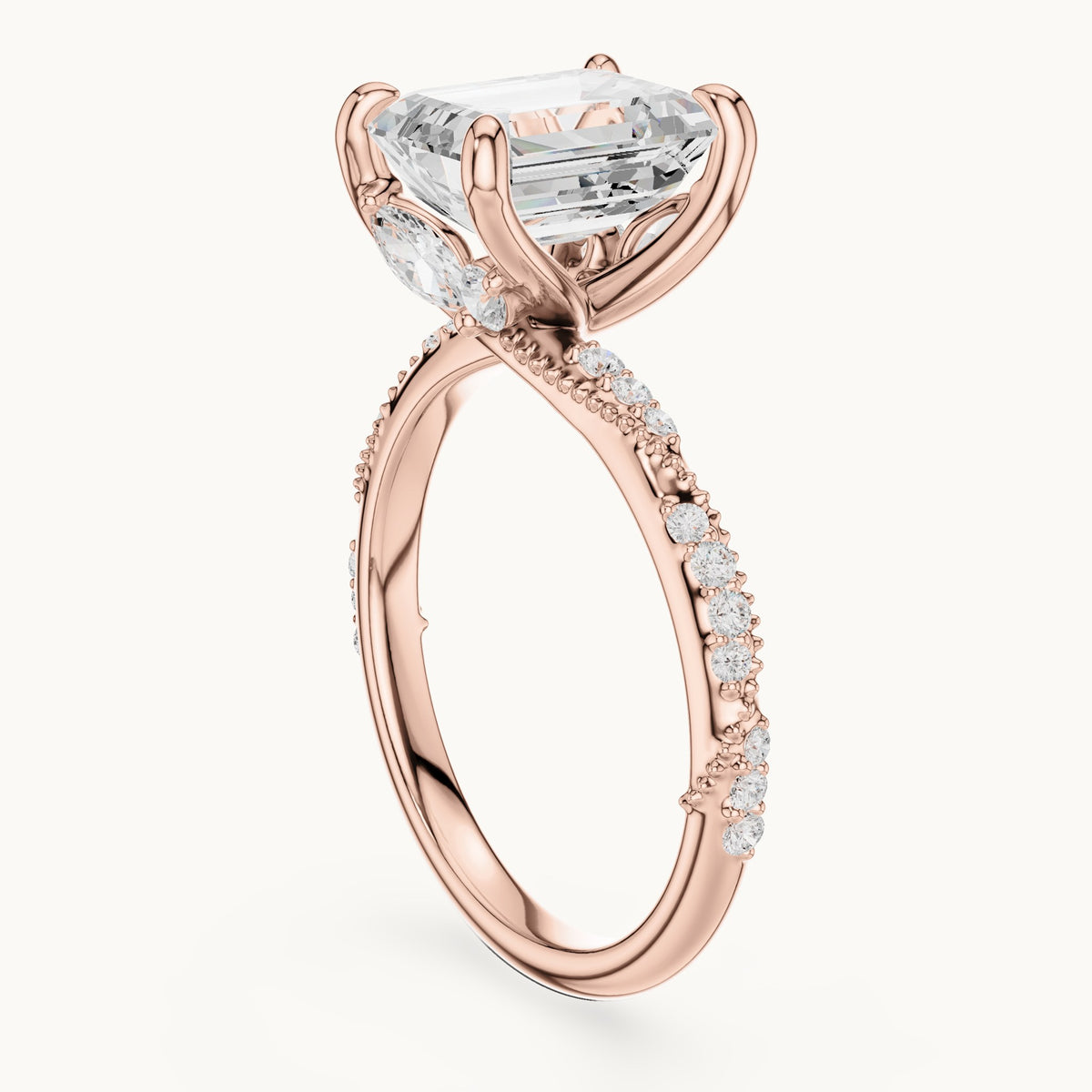 Emerald-cut, round and marquise lab-grown diamond hidden halo pavé engagement ring in rose gold, 2.83 CT TW, view 1
