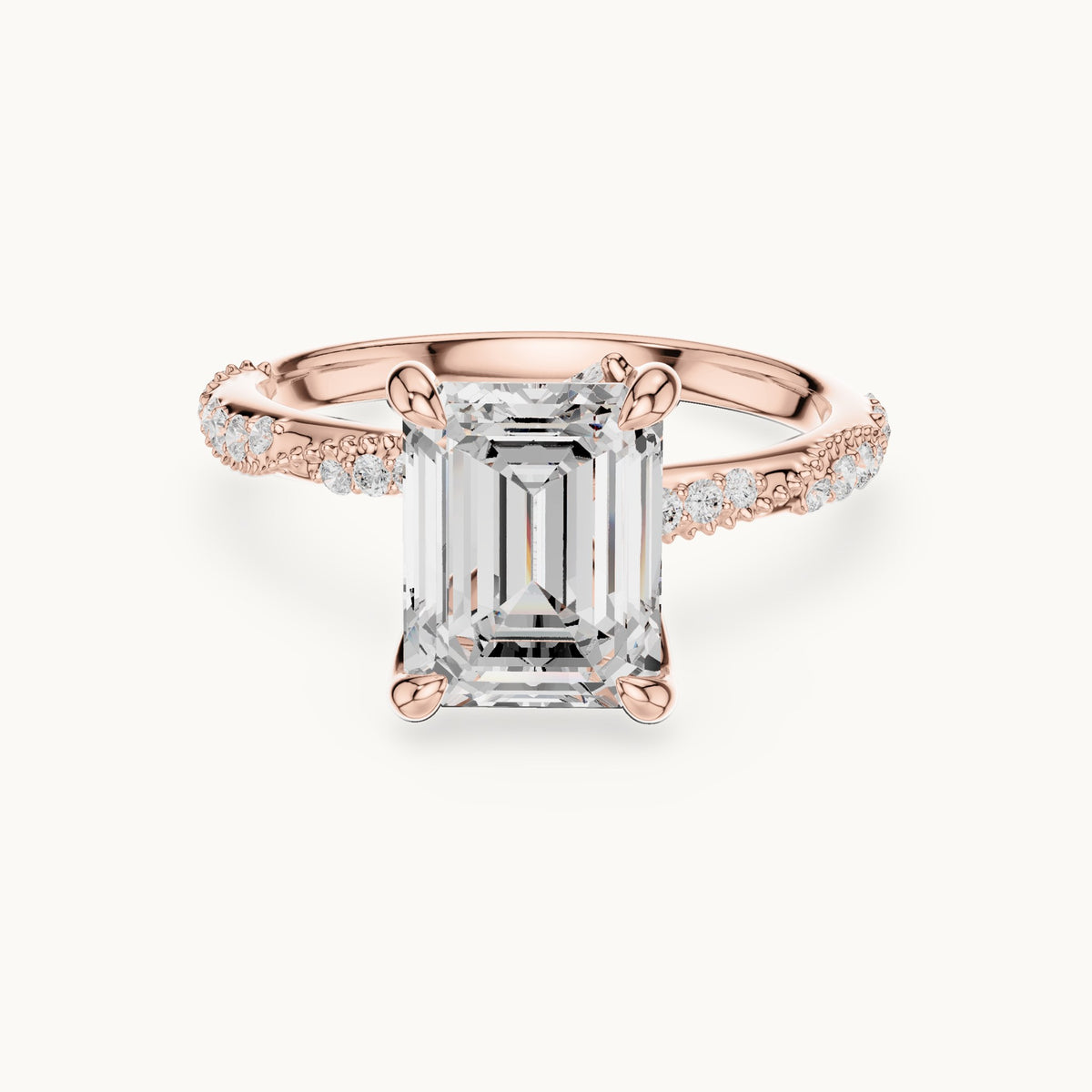 Emerald-cut, round and marquise lab-grown diamond hidden halo pavé engagement ring in rose gold, 2.83 CT TW, view 4