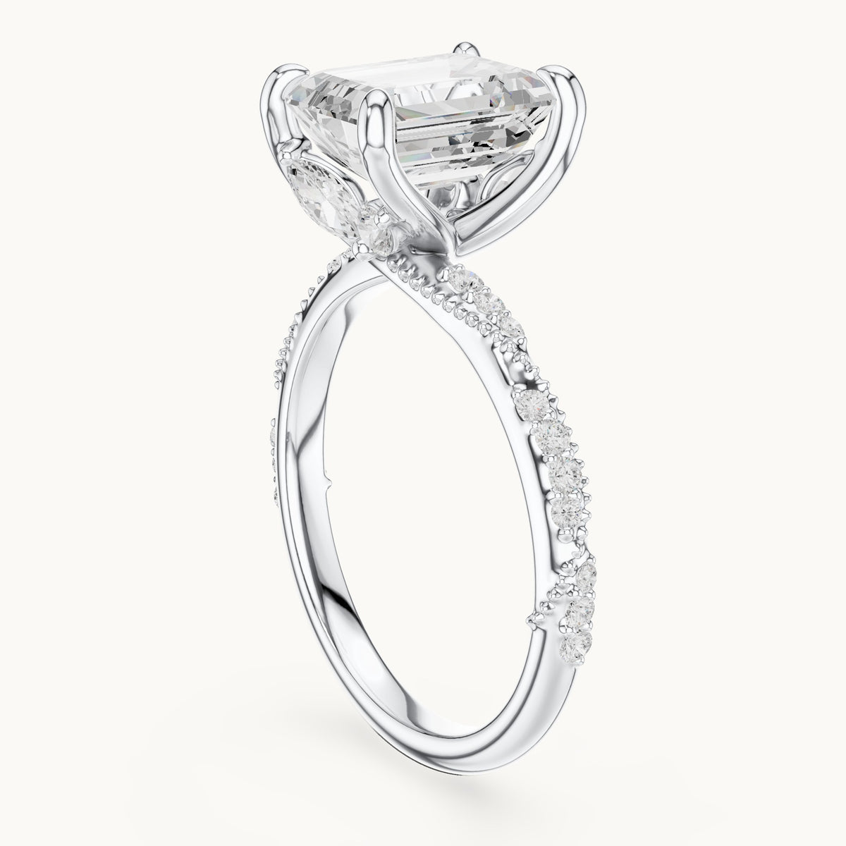 Emerald-cut, round and marquise lab-grown diamond hidden halo pavé engagement ring in white gold, 2.83 CT TW, view 1