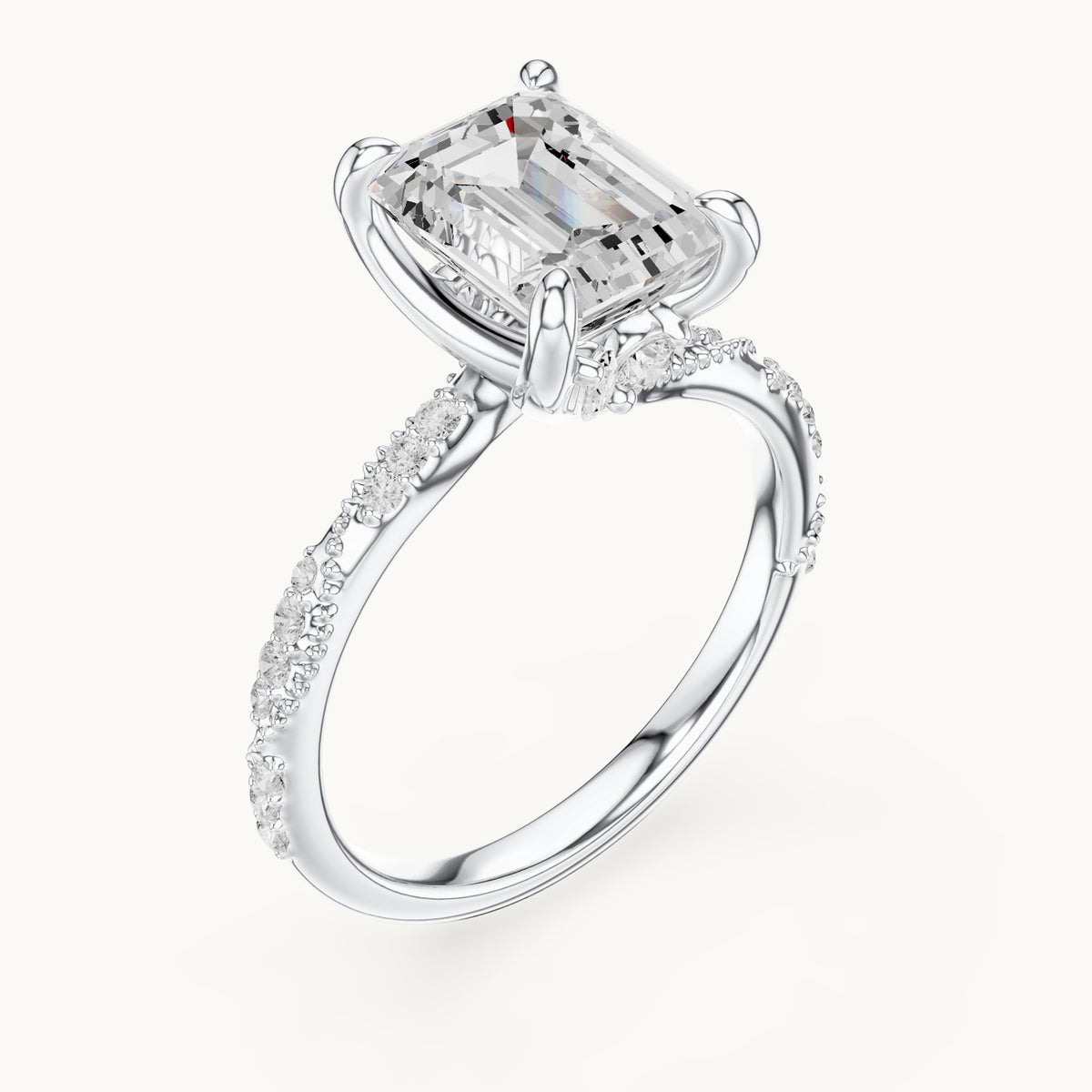 Emerald-cut, round and marquise lab-grown diamond hidden halo pavé engagement ring in white gold, 2.83 CT TW, view 2