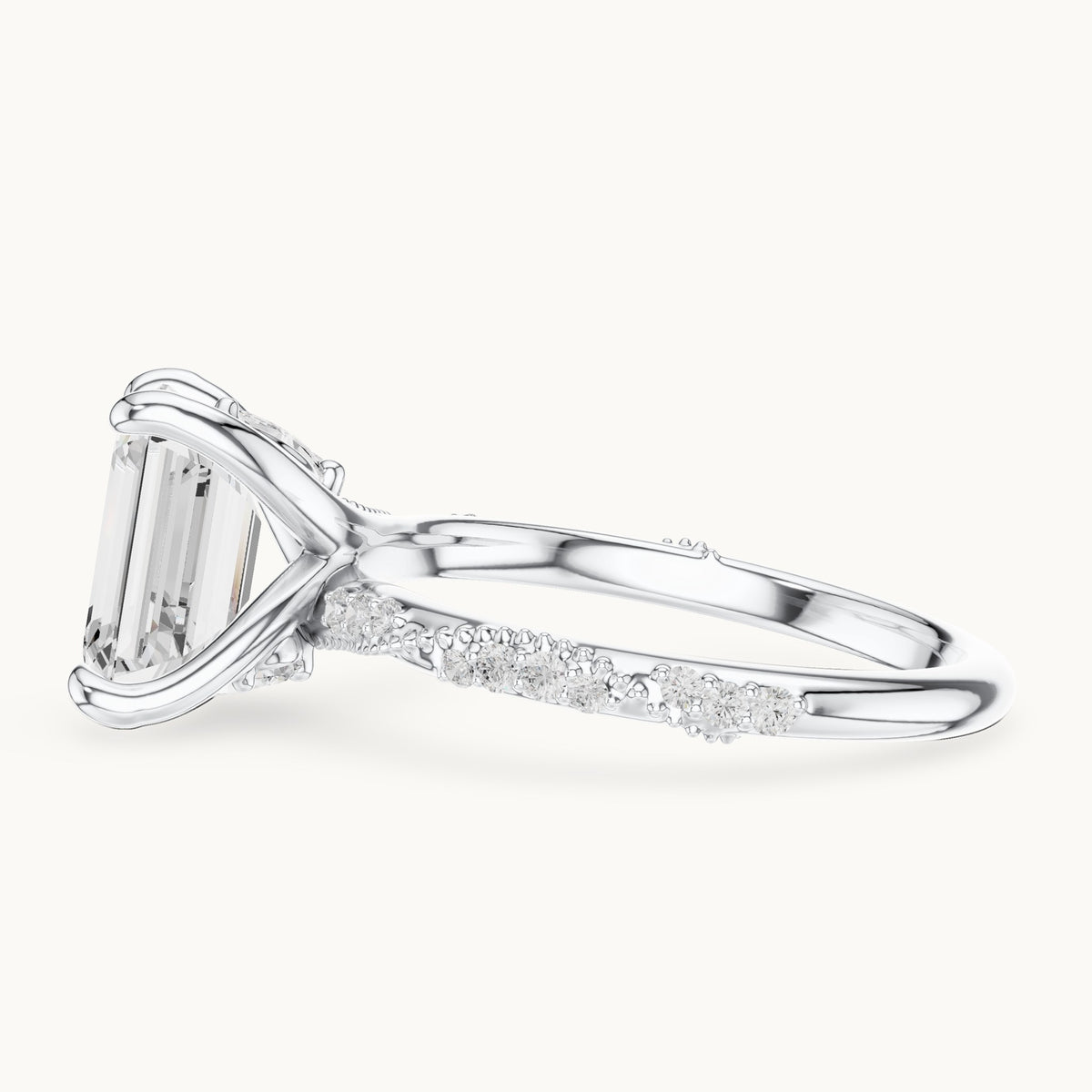 Emerald-cut, round and marquise lab-grown diamond hidden halo pavé engagement ring in white gold, 2.83 CT TW, view 3