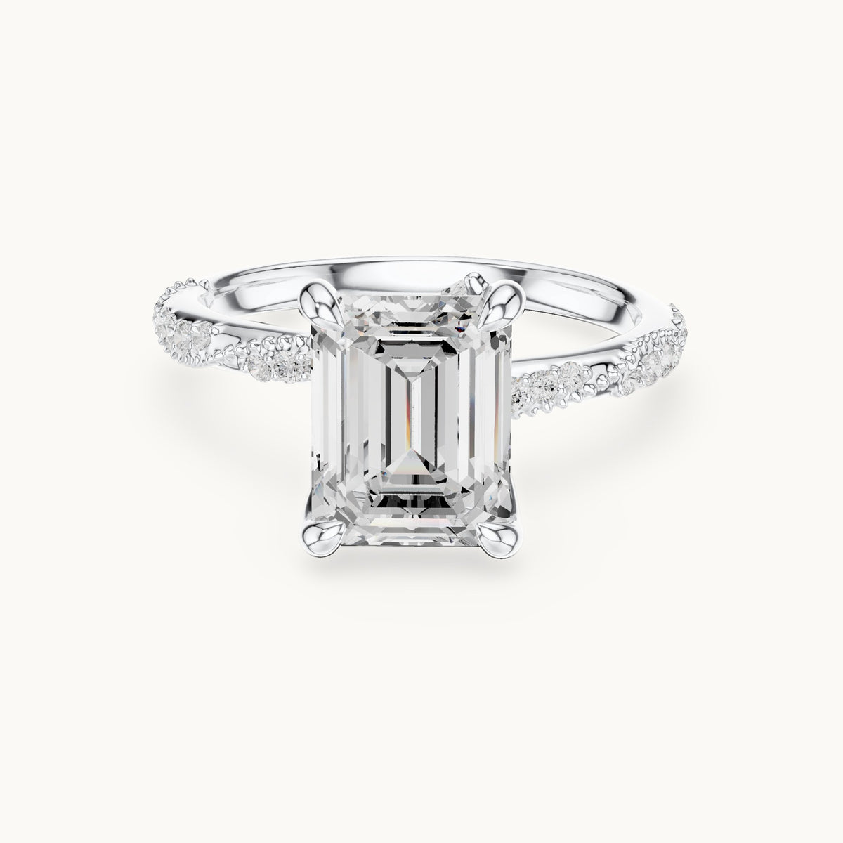 Emerald-cut, round and marquise lab-grown diamond hidden halo pavé engagement ring in white gold, 2.83 CT TW, view 4