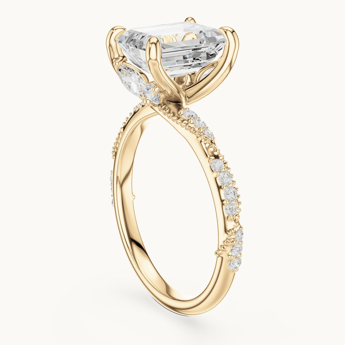 Emerald-cut, round and marquise lab-grown diamond hidden halo pavé engagement ring in yellow gold, 2.83 CT TW, view 1