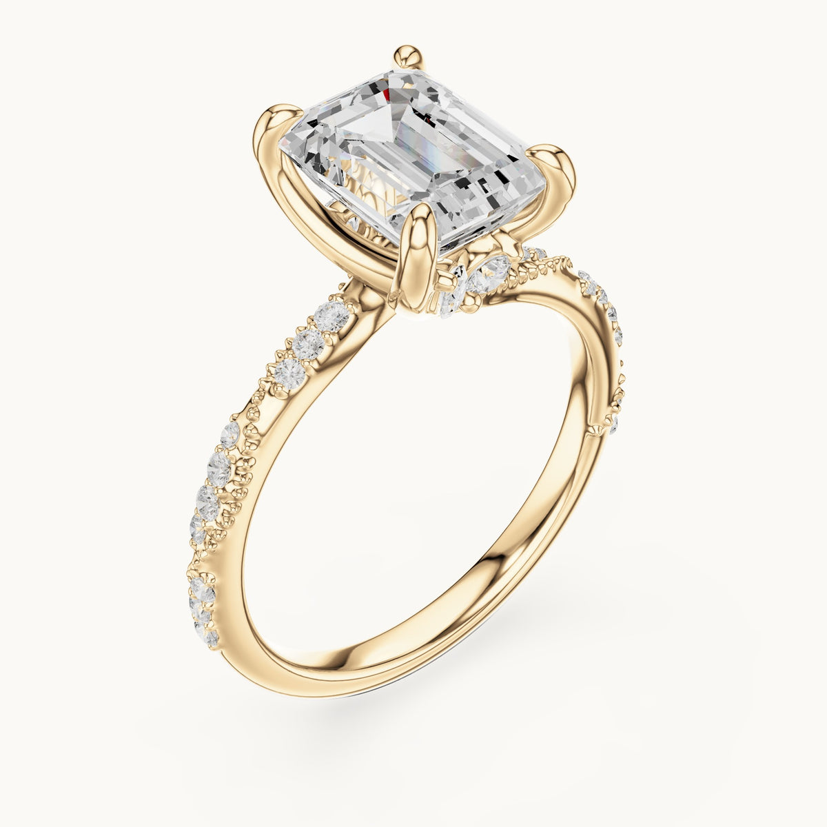 Emerald-cut, round and marquise lab-grown diamond hidden halo pavé engagement ring in yellow gold, 2.83 CT TW, view 2