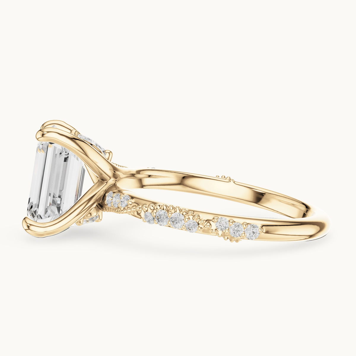Emerald-cut, round and marquise lab-grown diamond hidden halo pavé engagement ring in yellow gold, 2.83 CT TW, view 3