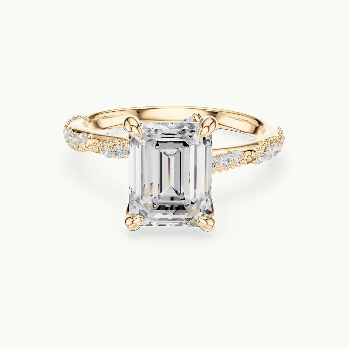 Emerald-cut, round and marquise lab-grown diamond hidden halo pavé engagement ring in yellow gold, 2.83 CT TW, view 4