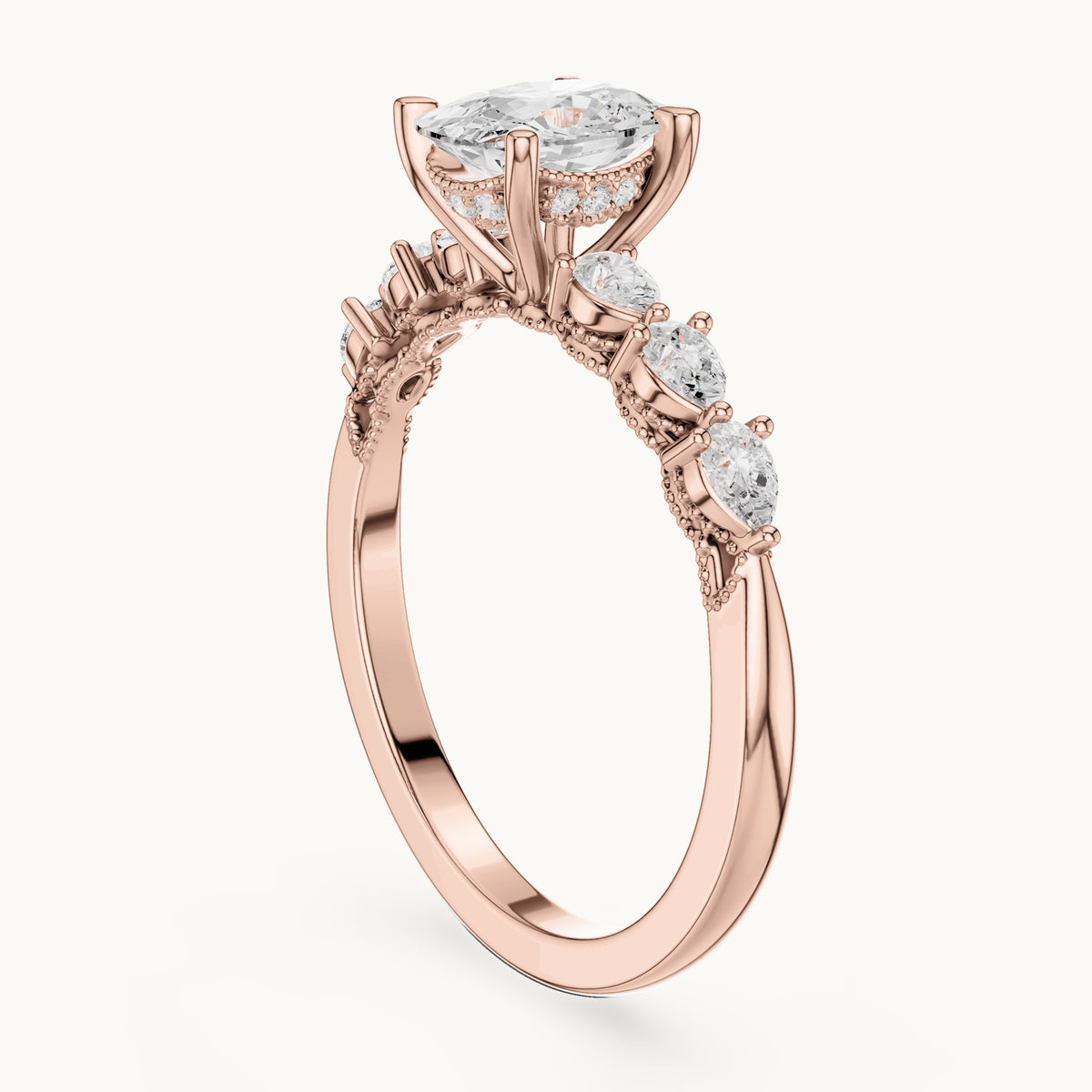 Cushion-cut, pear and round lab-grown diamond side stone engagement ring with pear accents in rose gold, 2.34 CT TW, view 1