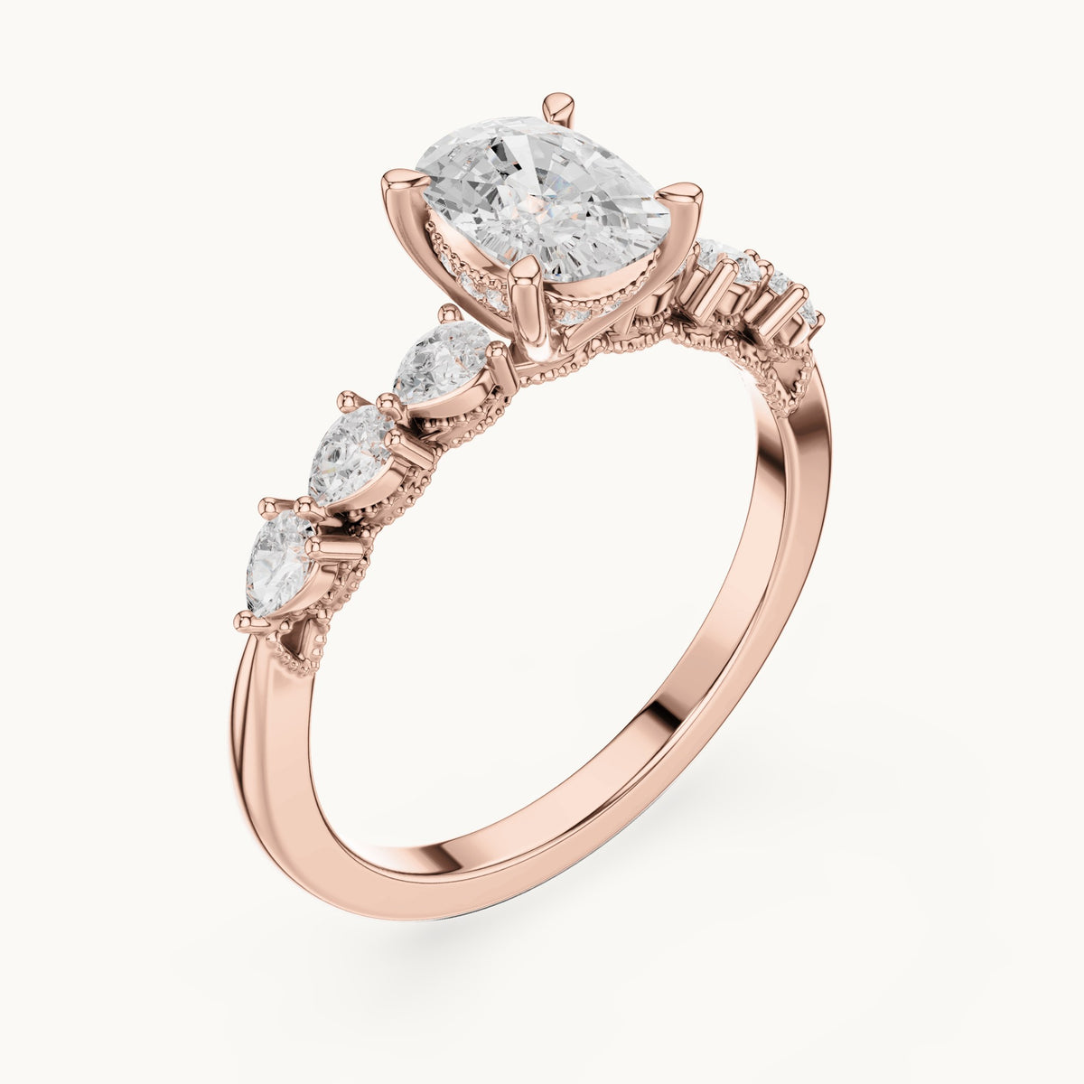 Cushion-cut, pear and round lab-grown diamond side stone engagement ring with pear accents in rose gold, 2.34 CT TW, view 2