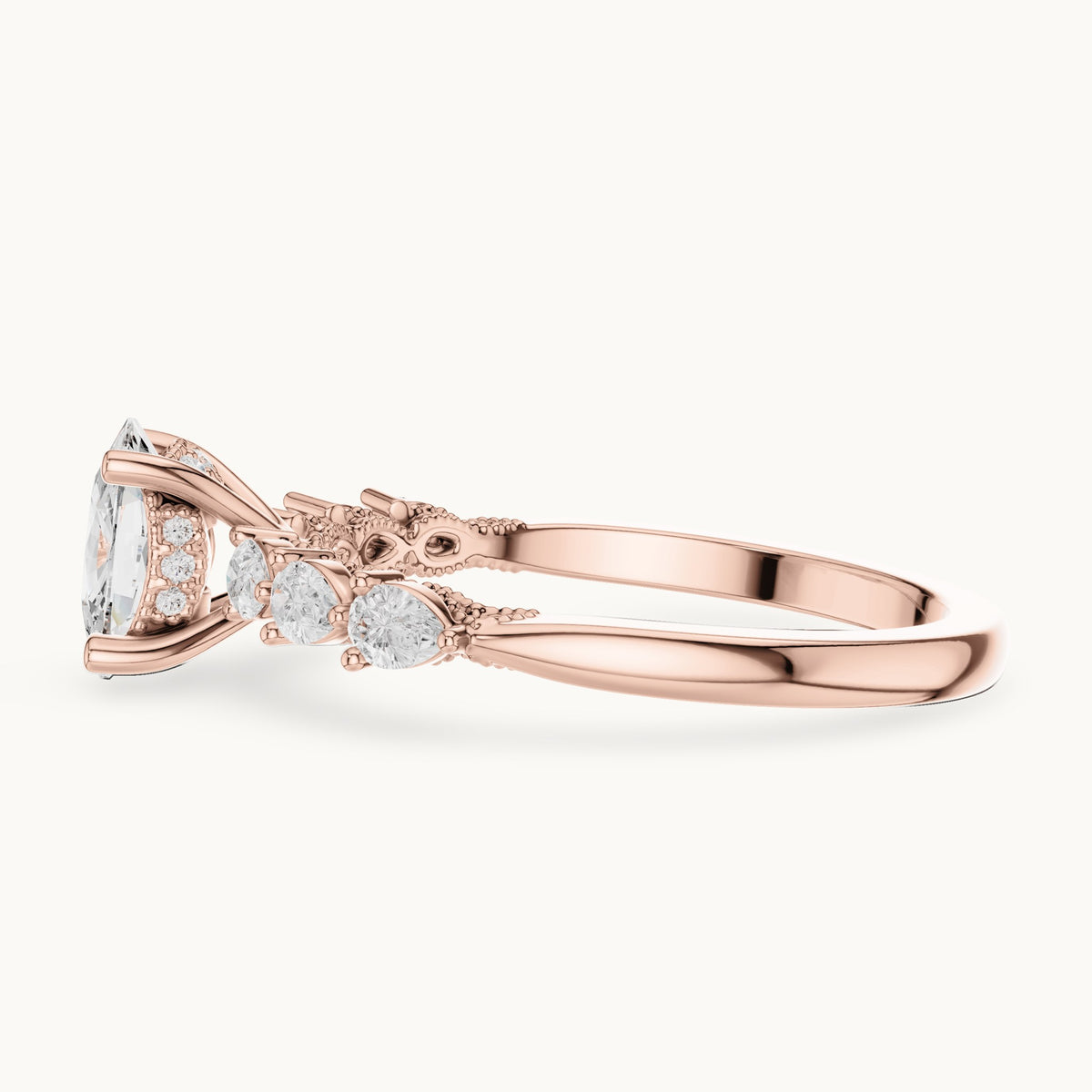 Cushion-cut, pear and round lab-grown diamond side stone engagement ring with pear accents in rose gold, 2.34 CT TW, view 3