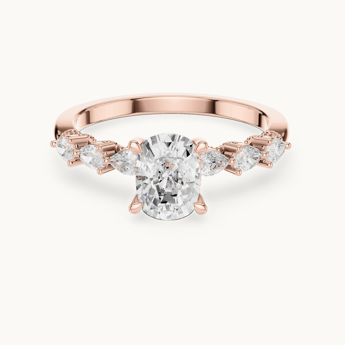 Cushion-cut, pear and round lab-grown diamond side stone engagement ring with pear accents in rose gold, 2.34 CT TW, view 4