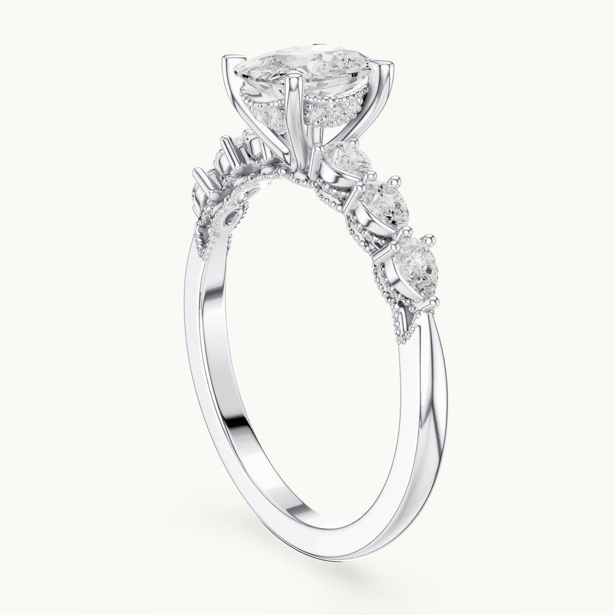 Cushion-cut, pear and round lab-grown diamond side stone engagement ring with pear accents in white gold, 2.34 CT TW, view 1