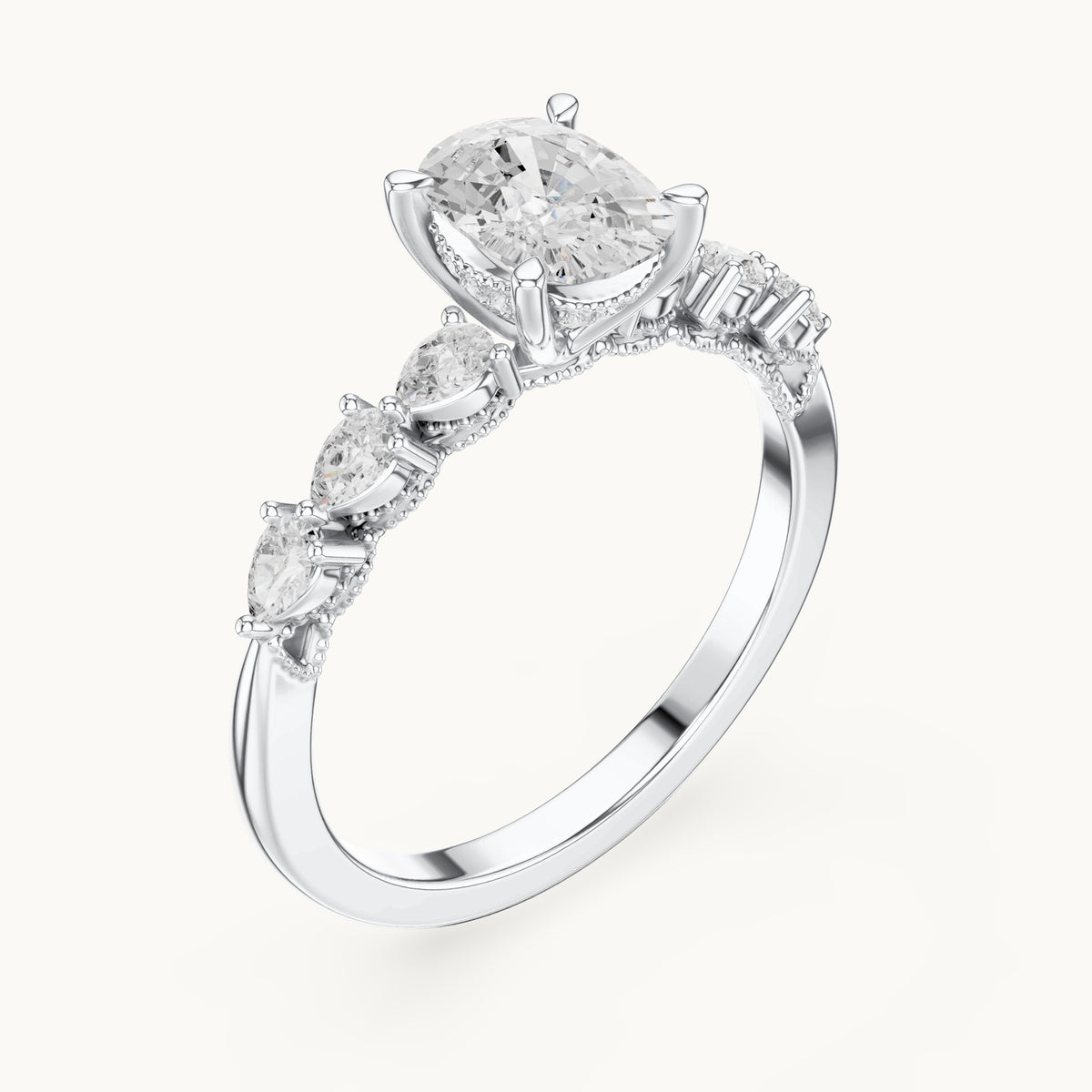 Cushion-cut, pear and round lab-grown diamond side stone engagement ring with pear accents in white gold, 2.34 CT TW, view 2