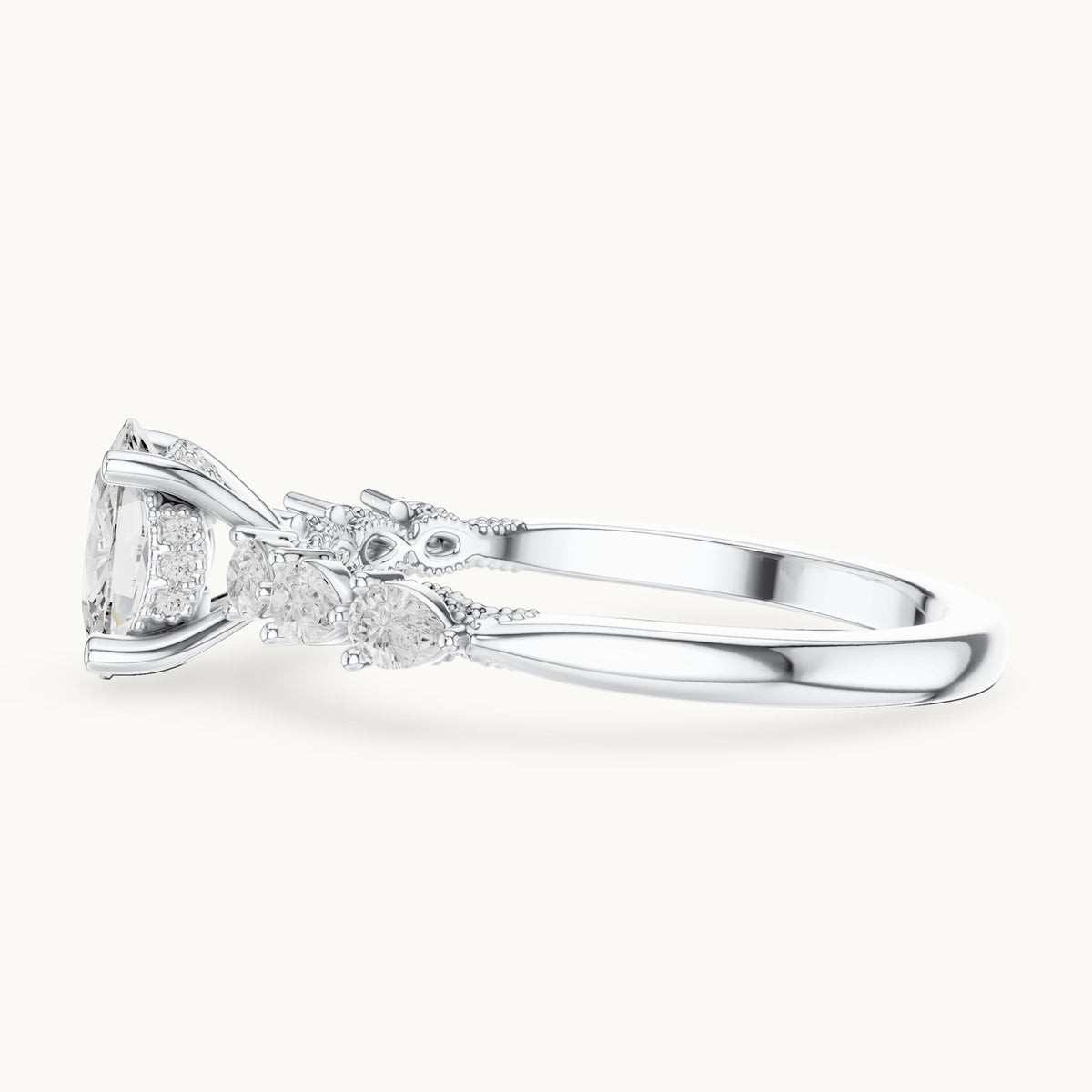 Cushion-cut, pear and round lab-grown diamond side stone engagement ring with pear accents in white gold, 2.34 CT TW, view 3