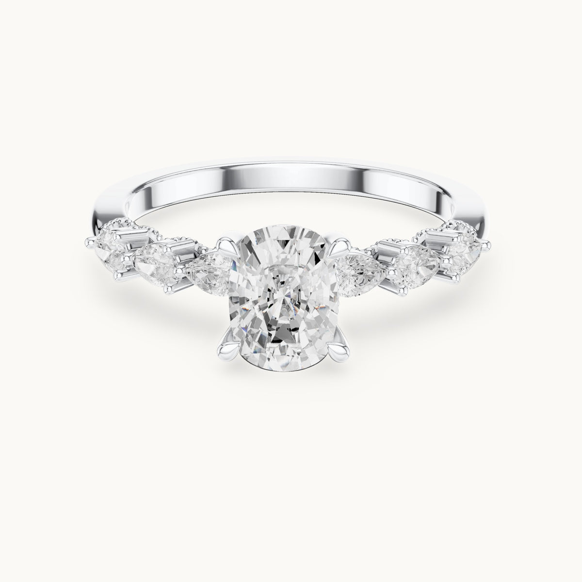 Cushion-cut, pear and round lab-grown diamond side stone engagement ring with pear accents in white gold, 2.34 CT TW, view 4